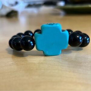 23.5cm - Black Onyx and faux turquoise cross bracelet